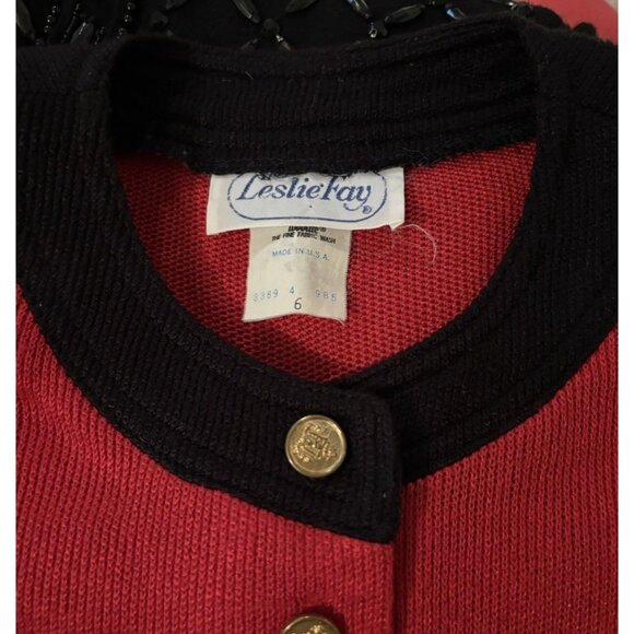 Leslie Fay Vtg Red Black Cardigan Sweater Sz 6 Preppy Office Academia Button Up - Picture 3 of 3